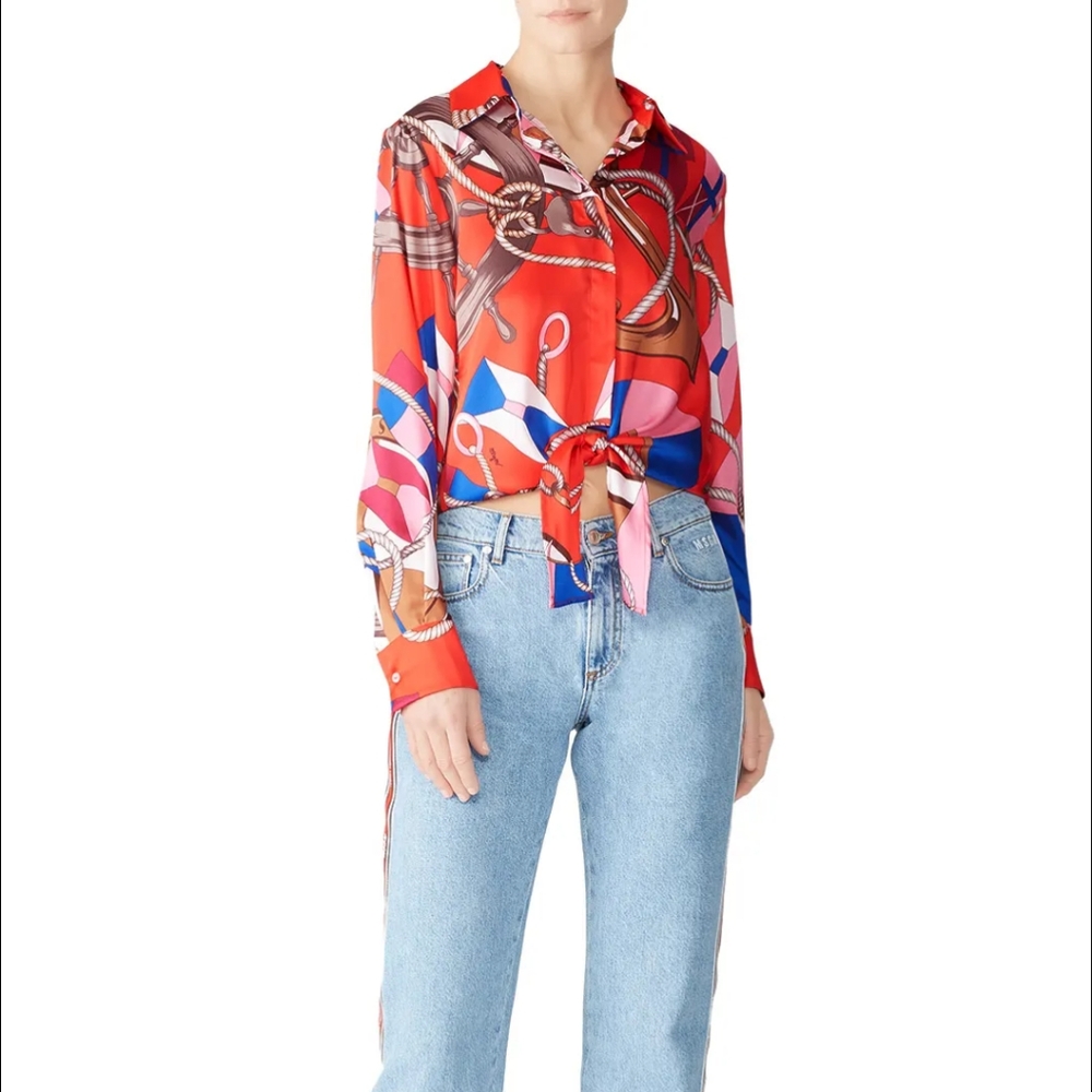 MSGM Nautical Loud Maximalist Signed Prit Colorful Womens Tie Waist Top Sz S 40